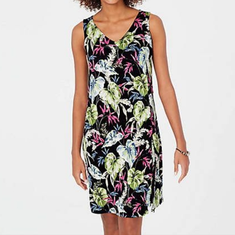j.jill Wearable Collection Tropical Print V Neck Swim Cover-Up Knee Dress Sz L